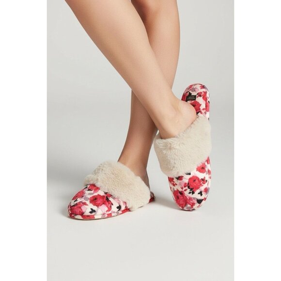 Victoria’s Secret Floral Faux Fur Slippers M w/ Gift Bag Brand New - Picture 4 of 7